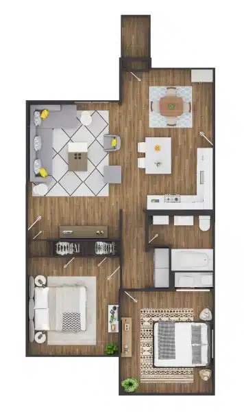 3D Grundriss einer 3-Zimmerwohnung